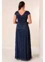 By Saygı V-Neck Waist and Front Draped Lined Pleated Glitter Long Crepe Dress