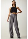 Happiness İstanbul Women's Gray Pleated Palazzo Trousers