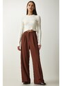 Happiness İstanbul Women's Brown Pleated Palazzo Trousers