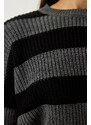 Happiness İstanbul Women's Gray Black Striped Crop Knitwear Sweater