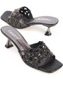 Capone Outfitters Capone Flat Toe Women's Crinkle Patent Leather Black Women's Slippers with Hourglass Heels with Metal Accessories.