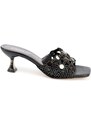 Capone Outfitters Capone Flat Toe Women's Crinkle Patent Leather Black Women's Slippers with Hourglass Heels with Metal Accessories.