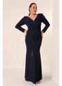 By Saygı Double Breasted Collar Front Draped Long Sleeve Lined Knitted Fabric Silvery Plus Size Long Dress