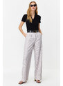 Trendyol Gray High Waist Wide Leg Striped Woven Trousers