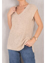 armonika Women's Beige V-Neck Front Short Back Long Sweater