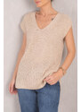 armonika Women's Beige V-Neck Front Short Back Long Sweater