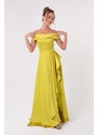 Lafaba Women's Oil Green Boat Neck Satin Evening Dress & Prom Dress