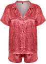 Trendyol Pink Multicolored Leopard Patterned Satin Shirt-Shorts Woven Pajama Set