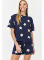 Trendyol Navy Blue 100% Cotton Star Patterned T-shirt-Shorts Knitted Pajamas Set