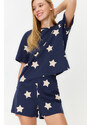 Trendyol Navy Blue 100% Cotton Star Patterned T-shirt-Shorts Knitted Pajamas Set