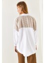 armonika Women's Beige Pocket and Back Stripe Pattern Oversize Long Basic Shirt