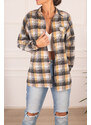 armonika Women's Yellow Plaid Pattern with Pocket Clamshell Oversized Stamped Shirt