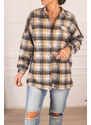 armonika Women's Yellow Plaid Pattern with Pocket Clamshell Oversized Stamped Shirt