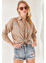 Olalook Mink Sequin Detailed Woven Boyfriend Shirt