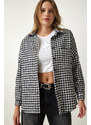 Happiness İstanbul Women's Black and White Houndstooth Patterned Stitch Jacket Shirt