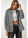 Happiness İstanbul Women's Black and White Houndstooth Patterned Stitch Jacket Shirt