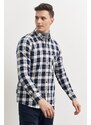 AC&Co / Altınyıldız Classics Men's Navy Blue-Beige Slim Fit Slim Fit Buttoned Collar 100% Cotton Check Lumberjack Shirt.