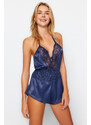 Trendyol Navy Blue Satin Fancy Nightgown With Lace Detail