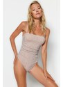 Trendyol Pink Strapless Draped Silvery High Leg Regular Swimsuit