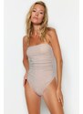 Trendyol Pink Strapless Draped Silvery High Leg Regular Swimsuit