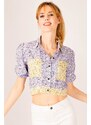 armonika Women's Lilac Crop Shirt with Elastic Sleeves, Pocket, Back Detail