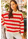 Olalook Women's Red Collar Detailed Knitwear Blouse with Rips and Openwork