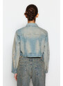 Trendyol Blue Faded Effect Vintage Oversize Crop Denim Jacket