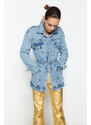 Trendyol Light Blue Elastic Waist Gold Button Detailed Oversize Long Denim Jacket