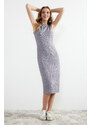 Trendyol Gray Leafy/Shiny Backless Bodycone/Fitting Midi Stretchy Knitted Dress