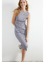 Trendyol Gray Leafy/Shiny Backless Bodycone/Fitting Midi Stretchy Knitted Dress