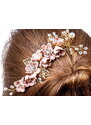 Camerazar Svatební Hřeben pro Vlasy v Růžové Zlaté Barvě s Květinami a Perlami, 14 cm x 6 cm