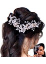 Camerazar Elegantní svatební hřeben do vlasů, stříbrný s bílými květy a perlami, 14x8 cm