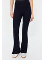 Trendyol Navy Blue Ribbed Flare/Spanish Leg High Waist Stretchy Knitted Leggings Trousers