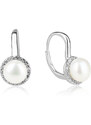 Stříbrné náušnice s perlou a zirkony okolo s klasickým patentem - Meucci SE382