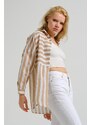 armonika Women's Beige Asymmetrical Striped Oversized Long Basic Shirt