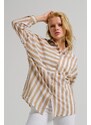 armonika Women's Beige Asymmetrical Striped Oversized Long Basic Shirt