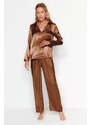 Trendyol Brown Satin Shirt-Pants Weave Pajamas Set