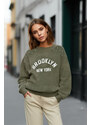 Trendyol Khaki Aged/Faded Effect Thick Fleece Stone and Print Detail Regular Knitted Sweatshirt