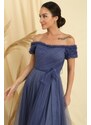 By Saygı Frilly Belted Collar And Sleeves Lined Long Tulle Dress