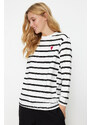 Trendyol White Single Jersey Striped Heart Embroidered Long Sleeve Knitted Tunic T-shirt