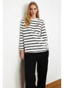 Trendyol White Single Jersey Striped Heart Embroidered Long Sleeve Knitted Tunic T-shirt