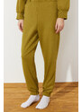 Trendyol Oil Green Cotton Slogan Printed Knitted Pajama Set