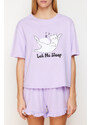 Trendyol Lilac 100% Cotton Animal Print Ruffle Detail Knitted Pajamas Set