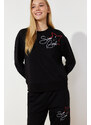Trendyol Black Motto and Star Printed Knitted Pajamas Set