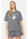 Trendyol Gray Melange Cotton Printed Knitted Pajama Set