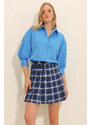 Trend Alaçatı Stili Women's Aviator Blue Balloon Sleeve Concealed Poplin Basic Poplin Shirt