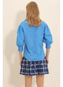 Trend Alaçatı Stili Women's Aviator Blue Balloon Sleeve Concealed Poplin Basic Poplin Shirt