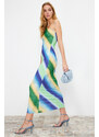 Trendyol Blue Printed Fitted Asymmetrical Collar Stretchy Knitted Maxi Dress