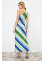 Trendyol Blue Printed Fitted Asymmetrical Collar Stretchy Knitted Maxi Dress