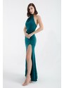 Lafaba Women's Emerald Green Halter Neck Chain Long Evening Dress